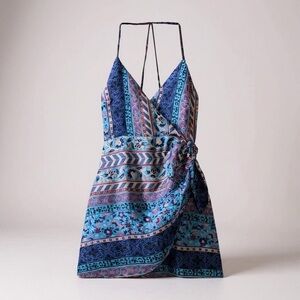 Zara Satin Effect Wrap Print Dress Blue tones with Pink Pattern Medium